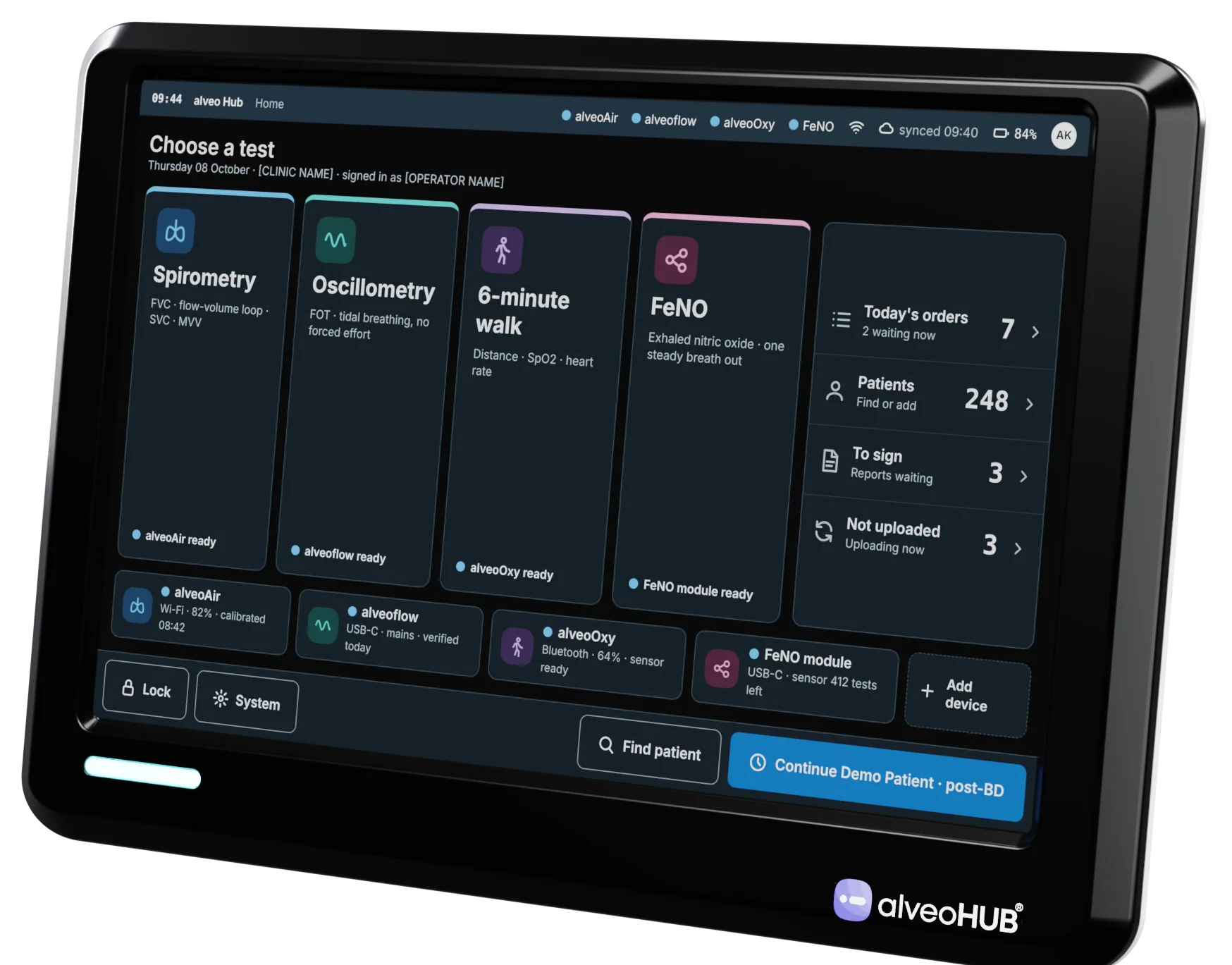 alveo Hub showing the choose-a-test home screen